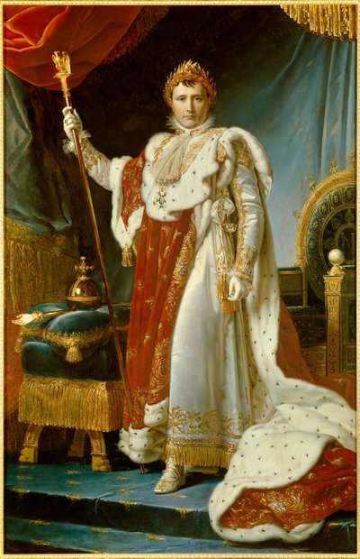Muotokuva jalassa Napoleon I pyhässä puvussa (1769-1821) Ranskan maalauksen keisari, Francois Gerard (1770-1837). 1805. Dim. 2,23 x 1,43 m. Versailles, musee du Chateau - täyspitkä muotokuva Napoleon I:stä kruunausvaatteissa (1769-1821) Keisari tekijältä Baron François Pascal Simon Gérard
