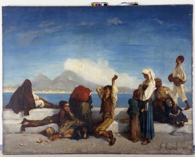 Lazzaroni, napolilaisten hahmot. Näkymä Napolinlahdelle (öljy kankaalle) tekijältä Francois Reynaud
