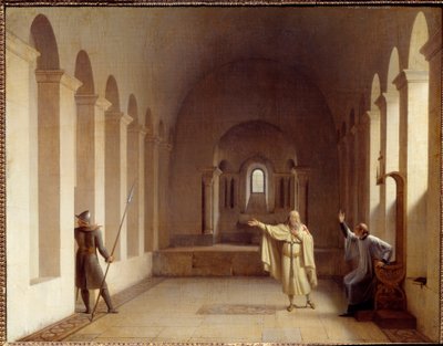 Jacques de Molay (Molai) (1243-1314), Jacques de Molayn keskeyttämä temppeliherra vuodesta 1307 lähtien, on pidätettynä Chinonin kuninkaallisessa palatsissa, jossa paavin ja kuninkaan edustajat kuulustelevat häntä. François Richard Fleuryn (1777-1852) maal tekijältä Francois Richard Fleury