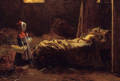 Punahilkka, yksityiskohta. Kuva tarinasta Charles Perraultista, punahilkka suden naamioituessa isoäidiksi. François Richard Fleuryn (1777-1852) maalaus 1800-luvun aurinko. 0,35x0,47 m. tekijältä Francois Richard Fleury