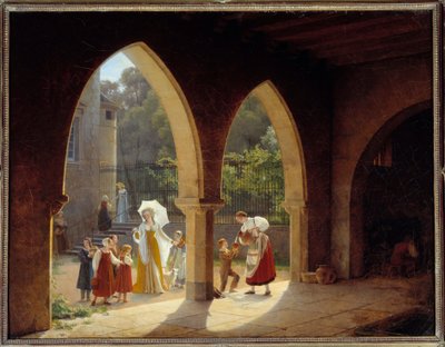 Madame Elisabeth Ranskasta (1764-1794), Ludvig XVI:n sisar maidonjakelun avustajan talossaan Montreuilissa lähellä Versaillesia. François Richard Fleuryn maalaus (1777-1852) Sun. 1,34x1,75m. Versailles, linnamuseo tekijältä Francois Richard Fleury