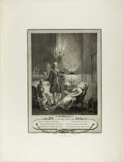 Talvi-ilta, teoksesta Monument du Costume Physique et Moral de la fin du Dix-huitième siècle (monumentti fyysisestä ja moraalisesta puvusta) tekijältä Francois Robert Ingouf