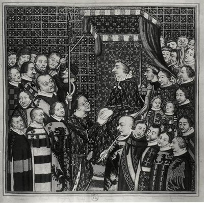 Ludvig II (1337-1410) Klemensin kreivi, osoittaa kunnioitusta Kaarle V:lle (1338-80) kopio 1300-luvun pienoismallista (akvarelli paperille) (mv/w kuva) tekijältä Francois Roger de Gaignieres