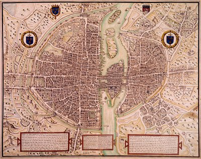 Pariisin kaupungin kartta vuosina 1540-1555 sanoi kuvakudos. Kaiverrus Francois Roger de Gaignieres (1642-1715). Pariisi, B.N. tekijältä Francois Roger de Gaignieres