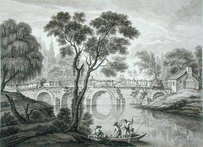 Suunnitelma tuhoisalle sillalle Syon Housen puutarhaan, julkaistu 1778 (kaiverrus) tekijältä Francois Vivarez