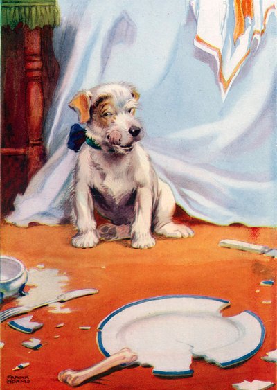 Koira rikki lautasella (väri litho) tekijältä Frank Adams