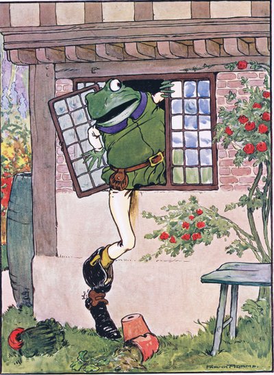 Sammakko ikkunasta kiipesi, kuvitus teoksesta "The Frog would a Wooing Go", Charles H. Bennett, 1916 tekijältä Frank Adams