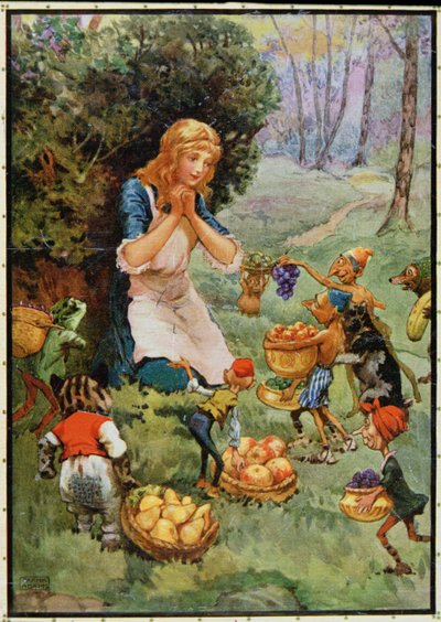 "Goblin Market", kirjoittanut DG. Rossettin (1828-82) kuvitus M.D.Belgraven ja H.Hartin teoksessa "Lasten tarinoita runoilijoista" tekijältä Frank Adams