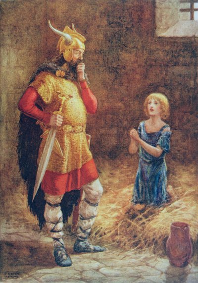 Havelock begs Mercy of Godard, "Havelock the Dane", kuvitettu M. Dorothy Belgraven ja Hilda Hartin lasten "Tarinoita runoilijoista" tekijältä Frank Adams