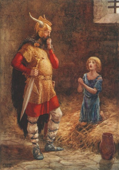 Havelok anoo Godardin armoa, vanhasta balladista Havelok the Dane (värilitografia). tekijältä Frank Adams