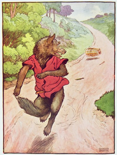"Hän juoksi karkuun niin nopeasti kuin hänen jalkansa veivät hänet", kuva "Kolme pientä porsasta", julkaistu 1930-luvulla (värilitho) tekijältä Frank Adams