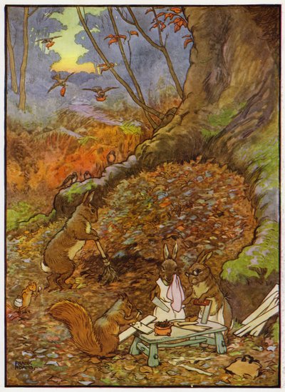 Kuvitus Babes in the Woodiin (väri litho) tekijältä Frank Adams