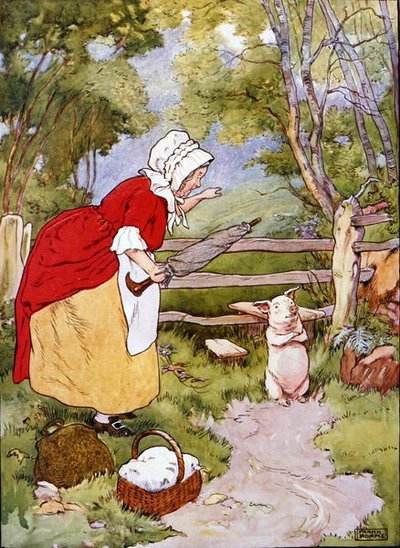 Kuvitus "The Beautiful Book of Nursery Rhymes, Stories and Pictures" -julkaisusta, julkaisija Blackie & Son (värilitho) tekijältä Frank Adams