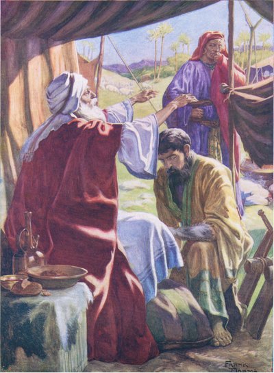 Jaakob saa siunauksen, Thomas Nelsonin julkaisemasta Raamatun kuvakirjasta, n. 1950 (värilitho) tekijältä Frank Adams