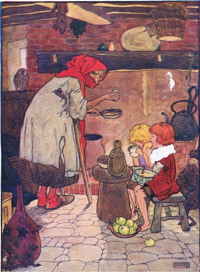 Hän johdatti heidät sisään ja tarjosi heille kauniin illallisen." (Hansel and Gretel, Blackie & Son Limitedin julkaisema Hansel and Gretel, n. 1940). tekijältä Frank Adams