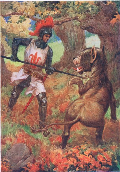 "Sir Calidore ja räikeä peto" Edmund Spencerin "The Faery Queen" -teoksesta kuvitettu M.D.Belgraven ja H. Hartin teoksessa "Lasten tarinoita runoilijoista" (värilitho) tekijältä Frank Adams