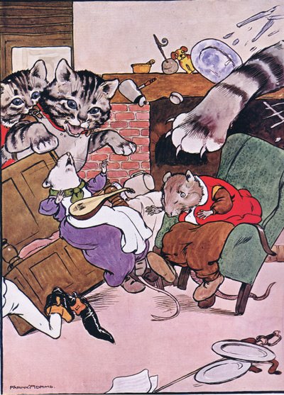 Kissa ja sen pennut tulivat sisään, kuvitus Charles H. Bennettin kirjasta "The Frog would a Wooing Go", 1916. tekijältä Frank Adams