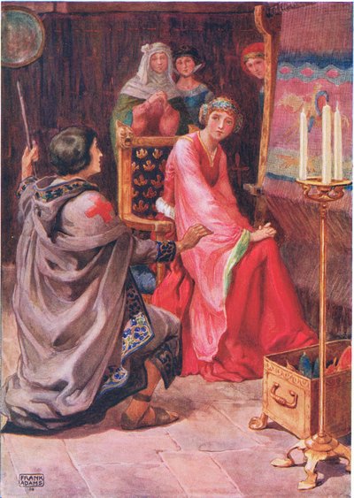 "Piligrim and the Queen" Dante G. Rossettin (1828-82) "The Staff Scripistä" kuvitettu M.D.Belgraven ja H.Hartin teoksessa "Lasten tarinoita runoilijoista" (värilitho) tekijältä Frank Adams