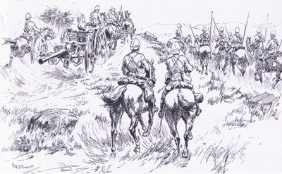 Bullersin ratsuväki ja tykistö etenemässä Bergendalissa, kuva Pretorian jälkeen: Sissisota, 1902 tekijältä Frank Algenon Stewart