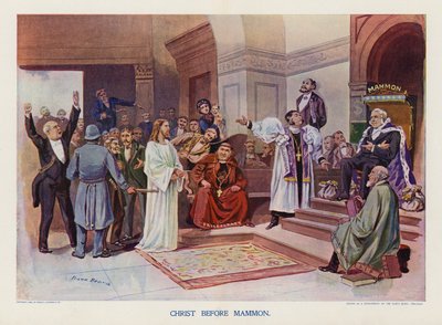 Kristus mammonan edessä (värilitografia) tekijältä Frank Beard