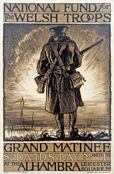 Juliste, joka mainostaa Walesin joukkojen kansallisen rahaston varainkeruutapahtumaa, 1. maaliskuuta 1915, tekijältä Frank Brangwyn