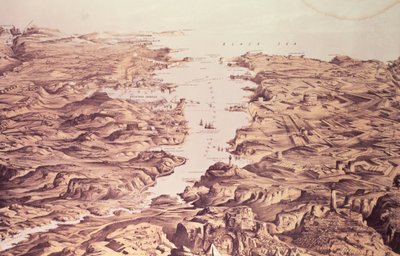 Panoraamanäkymä sataman ja Sebastopolin sataman pohjois- ja eteläpuolelle, suunnittelija ja litografia Thomas Packer, pubi. Stannard ja Dixon, 1855 tekijältä Frank C. Hughes