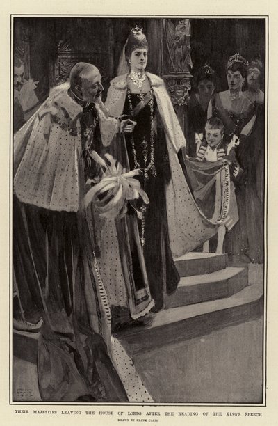 Heidän majesteettinsa poistuvat ylähuoneesta kuninkaan puheen lukemisen jälkeen. tekijältä Frank Craig
