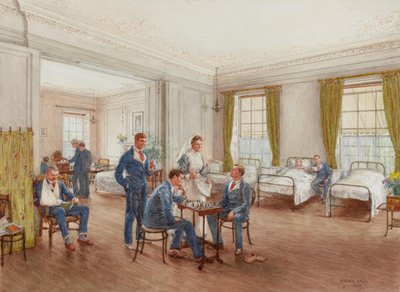 Toipuvat sotilaat pelaamassa shakkia Sulhampstead House Hospitalin osastolla, Berkshire, n.1918 (wc paperille). tekijältä Frank Dadd