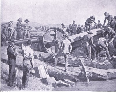 Aseen saaminen ikävän paikan päälle, kuvitus elokuvasta After Pretoria: The Guerilla War, 1902 tekijältä Frank Dadd