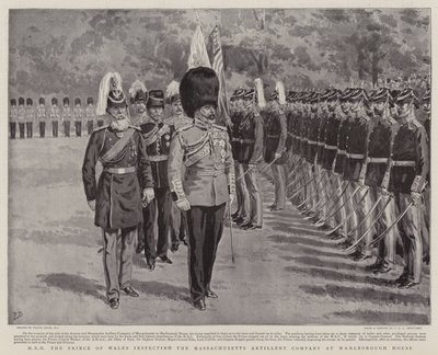 Walesin prinssi tarkastaa Massachusettsin tykistökomppaniaa Marlborough Housessa. tekijältä Frank Dadd