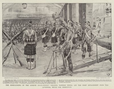 Gordon Highlandersin kotiintulo, eversti Mathias näkemässä ensimmäisen yksikön Liverpool Docksista Edinburghiin tekijältä Frank Dadd