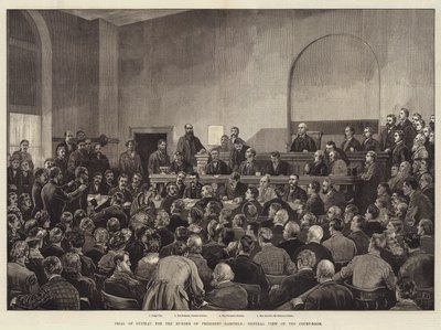 Guiteaun oikeudenkäynti presidentti Garfieldin murhasta, yleisnäkymä oikeussalista. tekijältä Frank Dadd