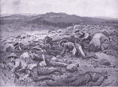 Queenslandin keisarillisten bushmenien kanssa Rhenoster Kopissa 29. marraskuuta 1900, kuva Pretorian jälkeen: Sissisota, 1902 tekijältä Frank Dadd