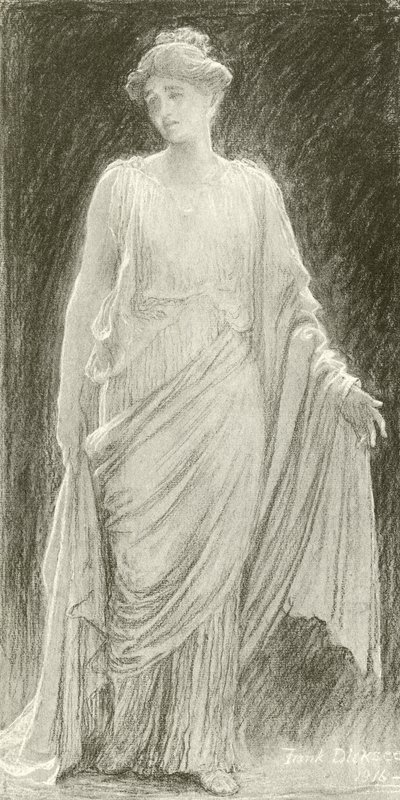 Madame de Navarro (Mary Anderson) Hermionena "Talven tarinassa" (syväpaino) tekijältä Frank Dicksee