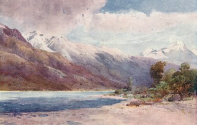 Uusi-Seelanti: Wakatipu-järven päässä (värilitografia). tekijältä Frank H Wright