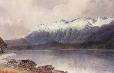 Uusi-Seelanti: Cathedral Peaks (värilitografia) tekijältä Frank H Wright
