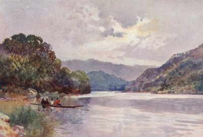Uusi-Seelanti: Wanganui-joen aamulla (värilitografia). tekijältä Frank H Wright
