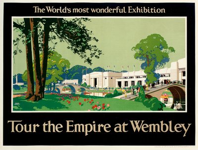 "Tour the Empire at Wembley", juliste, joka mainostaa British Empire -näyttelyä tekijältä Frank Newbould