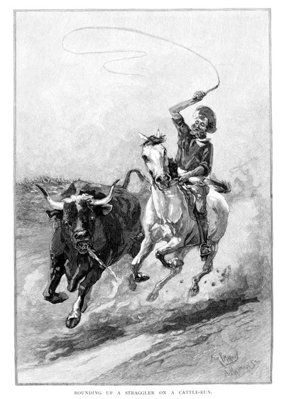 Karjajuoksussa olevan karjan pyörittäminen, Australia, 1886 tekijältä Frank P. Mahony