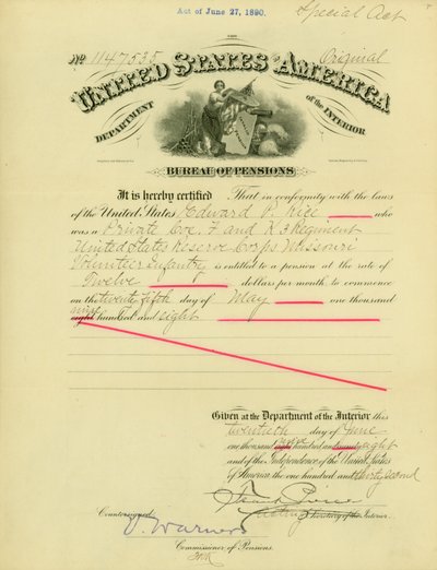 Ilmoitus eläkeoikeudesta Edward Parker Ricelle 20. kesäkuuta 1908 tekijältä Frank Pierce