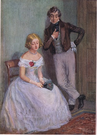 "En todellakaan tiedä, mitä tarkoitatte, herra Swiveller", sanoi neiti Sophy silmät laskeutuneina , noin 1920 (värilitro). tekijältä Frank Reynolds