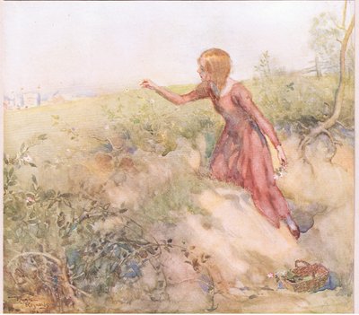 Pian auringonnousun jälkeen aamulla hän hiipi ulos teltasta ja harhaili pelloille, jotka olivat ampumamatkan päässä, poimi muutaman ruusun, 1920 (värilitografia). tekijältä Frank Reynolds