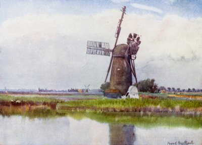 Norfolk Broads: Mill Country Stokesbyn yläpuolella (väri litho) tekijältä Frank Southgate