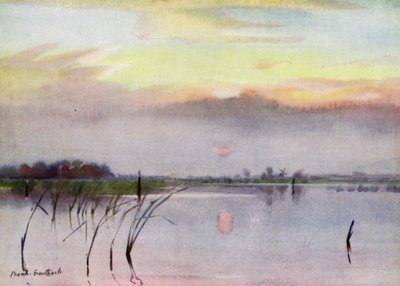 Norfolk Broads: Sunset, Heigham Sounds (väri litho) tekijältä Frank Southgate
