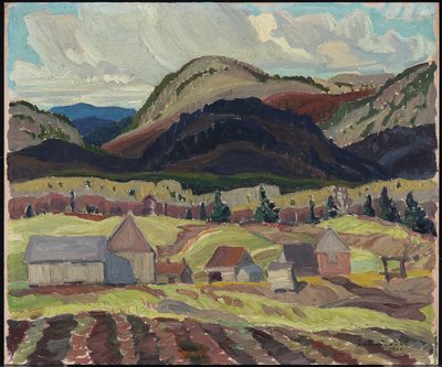 Maatilarakennukset, La Cloche, 1932 (öljy laminoidulle kartongille) tekijältä Franklin Carmichael