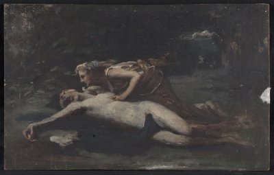 Pyramus ja Thisbe, n. 1875 (öljy puulle) tekijältä François Alfred Delobbe