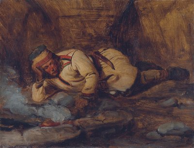 Tulen ääressä nukkuva lappilainen tekijältä François Auguste Biard