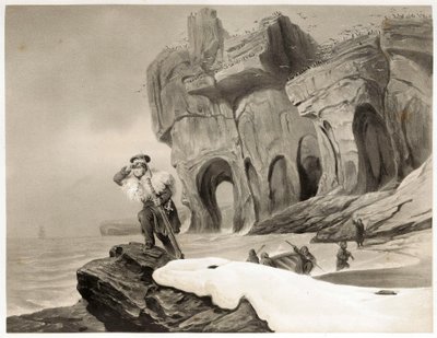 Karhusaari Skandinaviasta, Lapista, Huippuvuorista ja Feroilta, pub. 1852 (kaiverrus) tekijältä François Auguste Biard