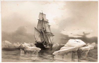 aCorvette La Recherche lähellä Bear Islandia 7. elokuuta 1838 Voyages en Scandinaviasta, 1852. tekijältä François Auguste Biard