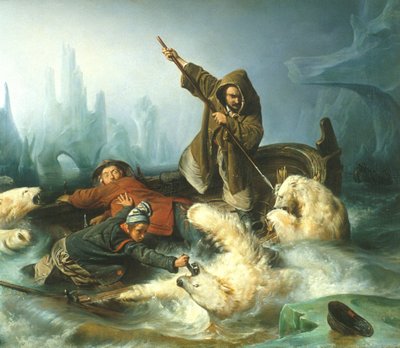 French: Battez les ours polaires / Jääkarhujen metsästys Taistelu jääkarhujen kanssa tekijältä François Auguste Biard